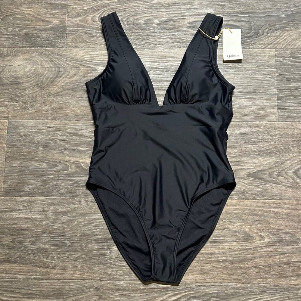 Quince Large Italian Plunge V Neck One Piece Swimsuit Black Bathing Suit Swim